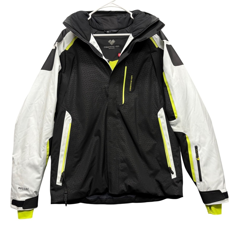 Obermeyer Ski Jacket Mens M Black White Neon Yellow RECCO Primaloft 30k Hooded